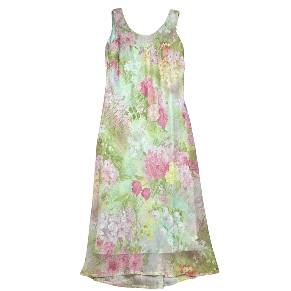 VTG 90s floral midi dress‎ pastel watercolor layered chiffon 8 P Sleeveless
